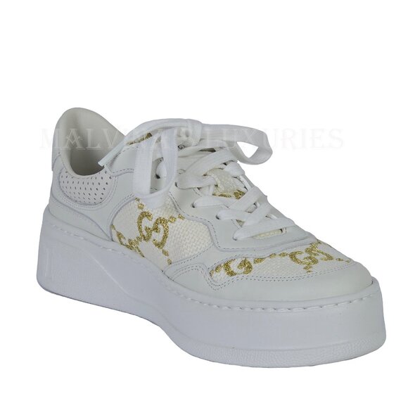 GUCCI SNEAKERS CHUNKY WHITE LEATHER GG LOGO GOLD LAME SHOES sz 36 6 - Picture 10 of 15